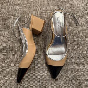 Zara Contrast Black Cap-Toe Slingback Pointed Toe Nude Tan Shoes 37EU